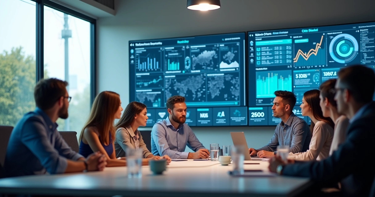 Equipe reunida em sala de reunião, analisando sistemas integrados nas telas 