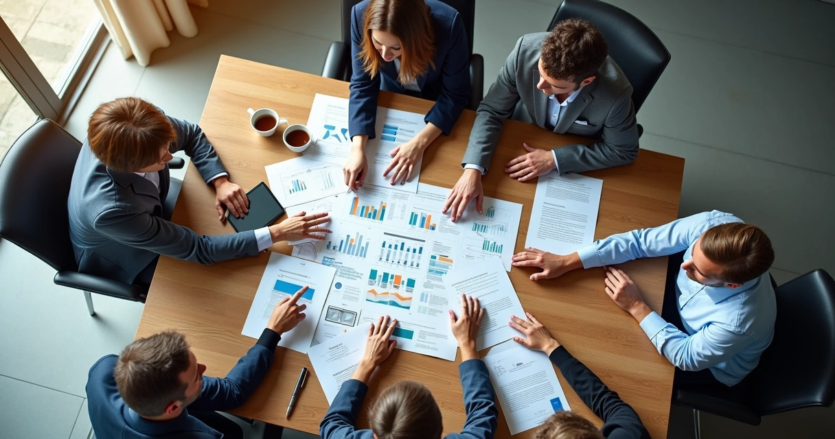 Equipe multidisciplinar reunida ao redor de uma mesa discutindo papéis e gráficos 