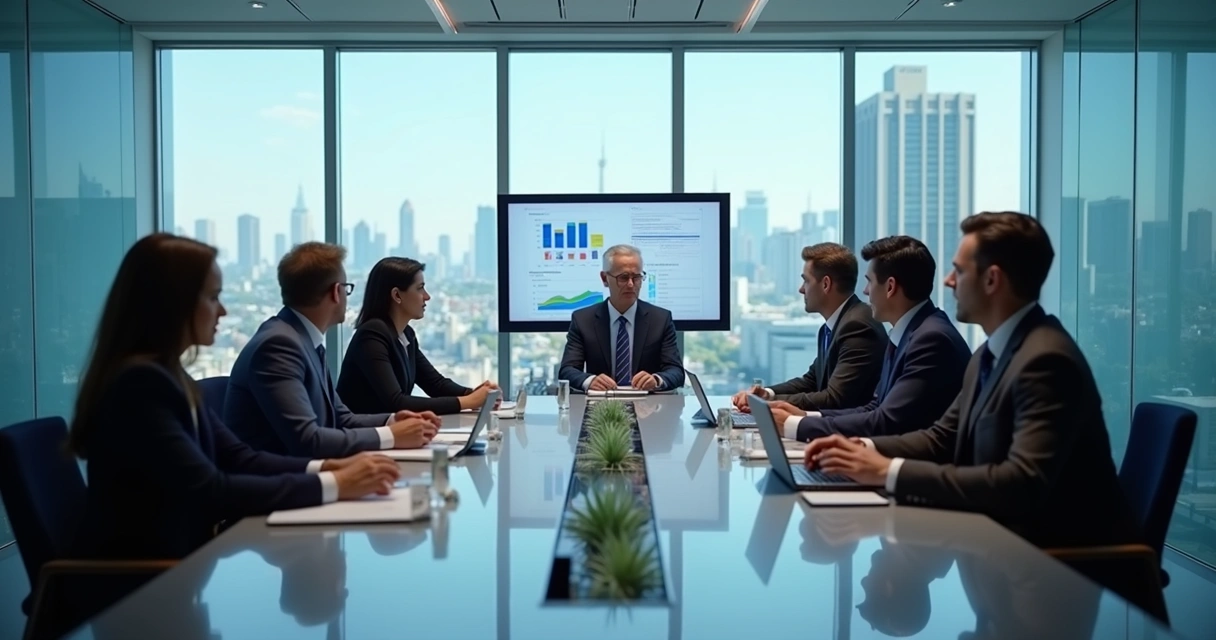 Reunião de integração entre duas equipes corporativas em sala envidraçada