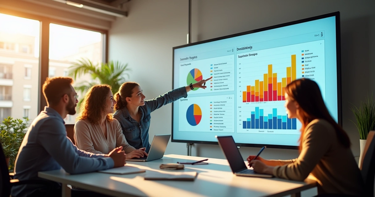 Equipes de marketing e vendas reunidas analisando gráficos em tela grande 