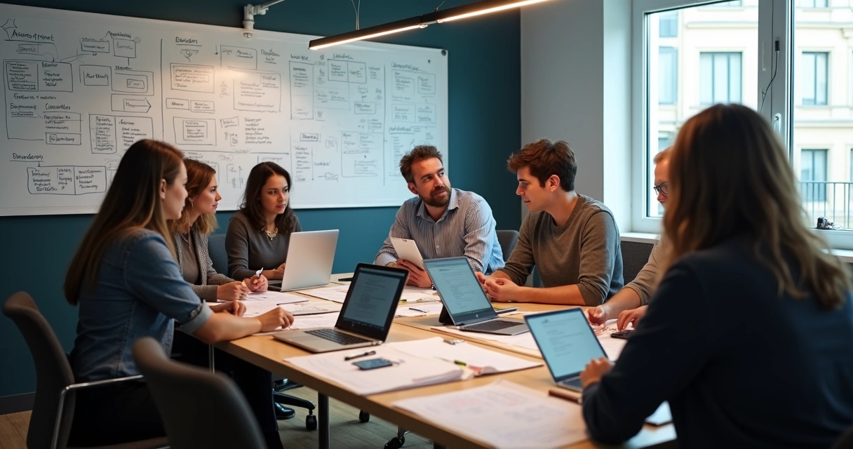 Equipe de TI reunida com papéis e notebooks discutindo integração e mapeando fluxos de sistemas