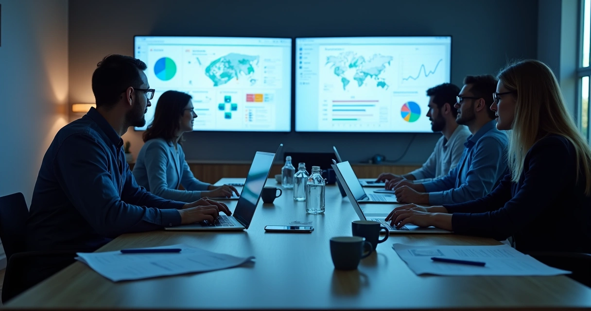 Profissionais de TI analisando telas com dados e gráficos de ERP e Microsoft 365 integrados 