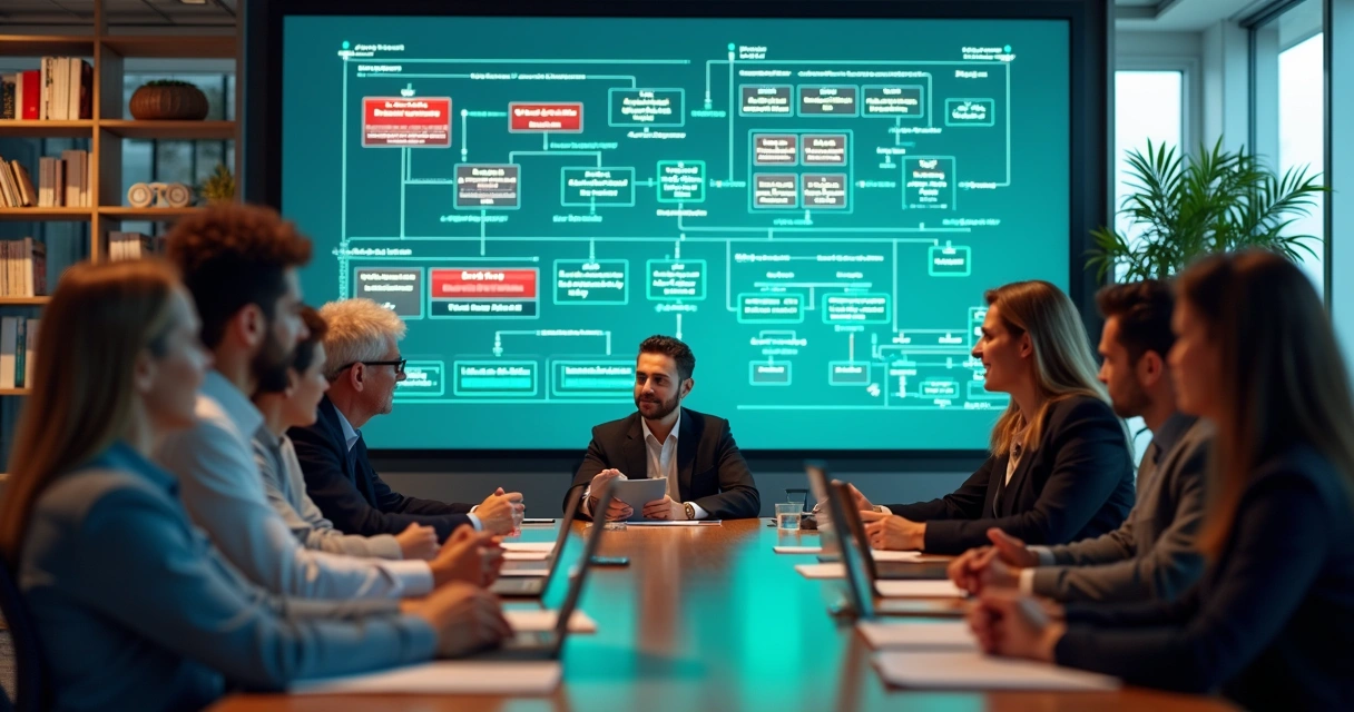 Equipe reunida analisando gráficos de desempenho em tela grande 