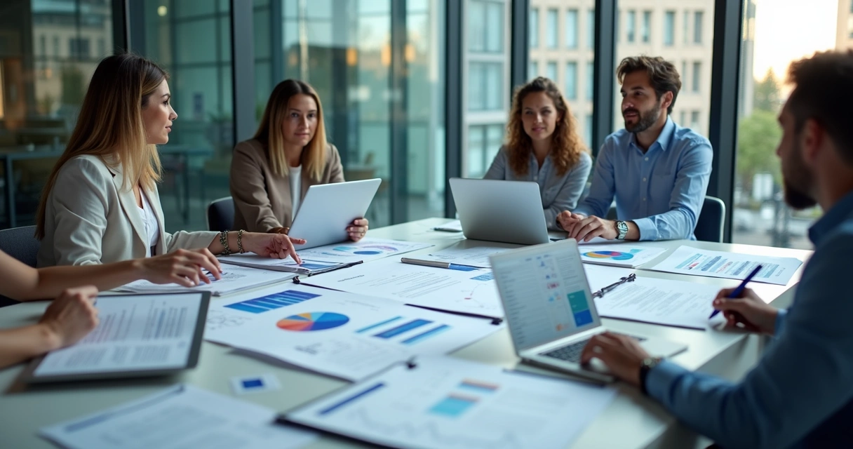 Equipe comercial analisando dados de clientes em reunião