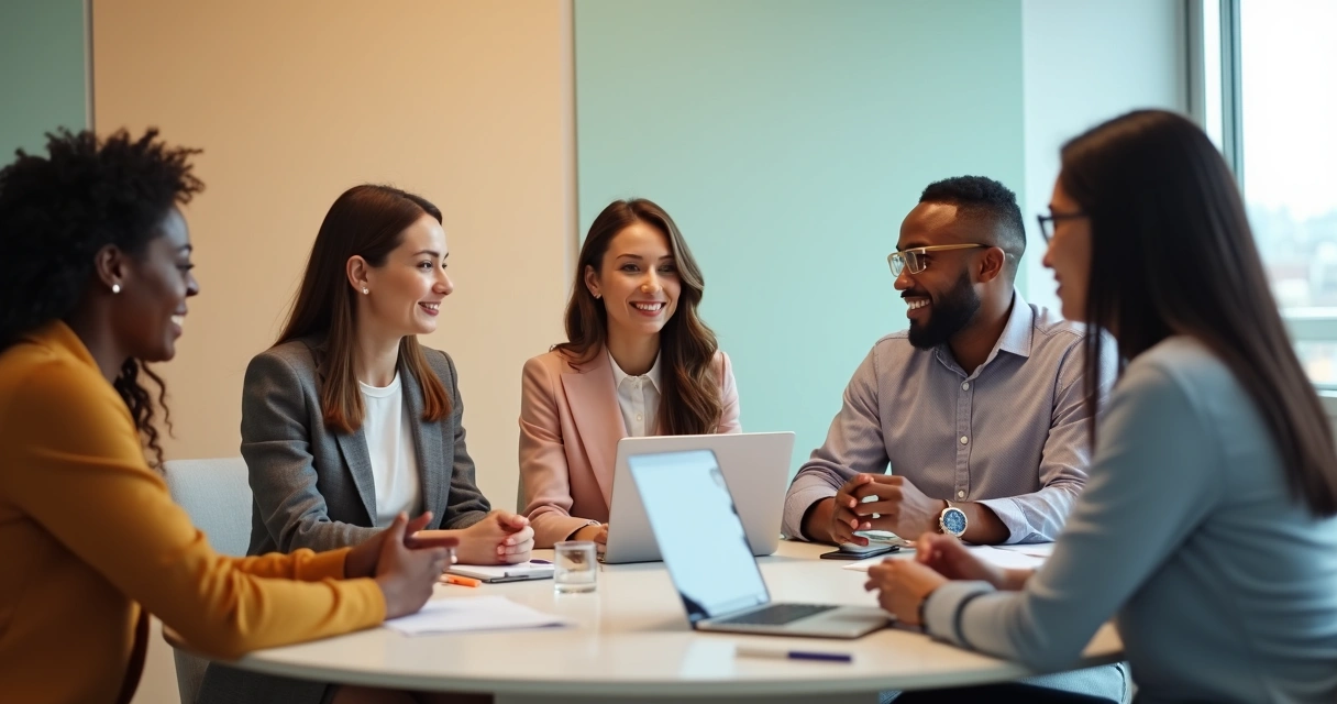 Equipe em reunião semanal de alinhamento emocional