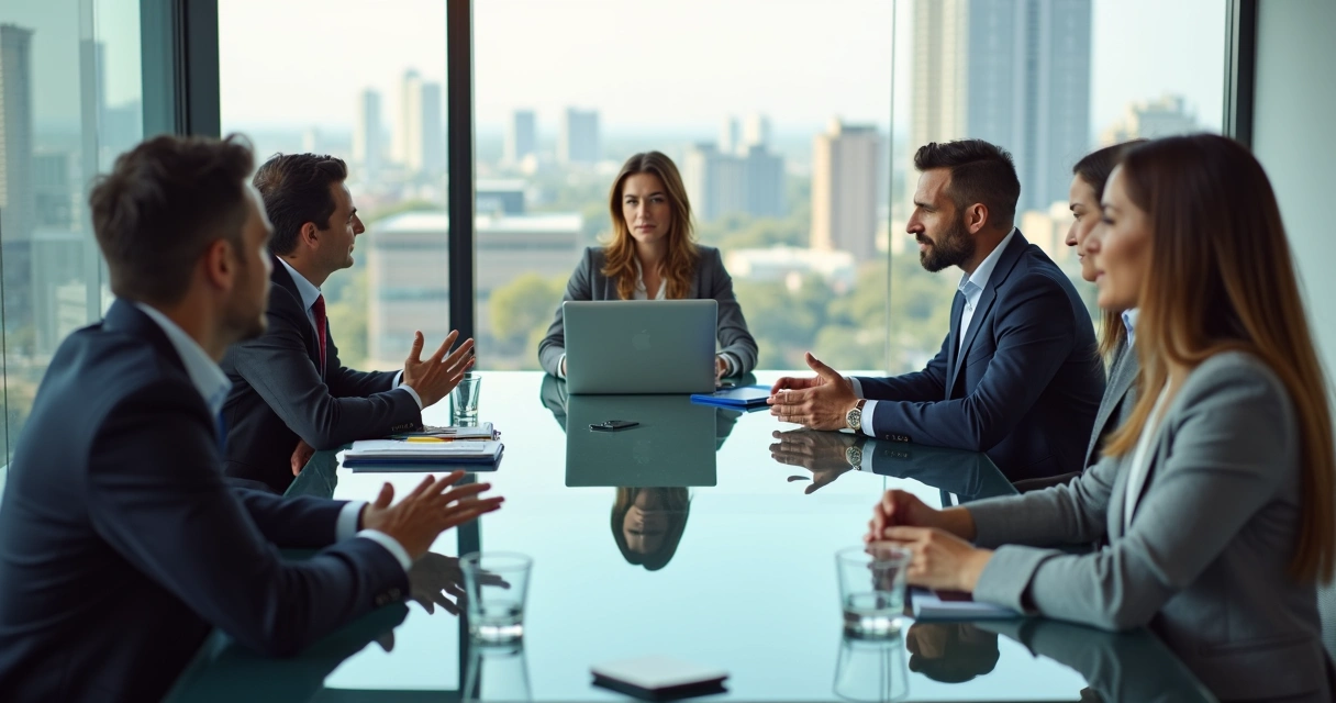 Equipe em reunião de trabalho aplicando inteligência emocional ao redor de uma mesa de vidro 