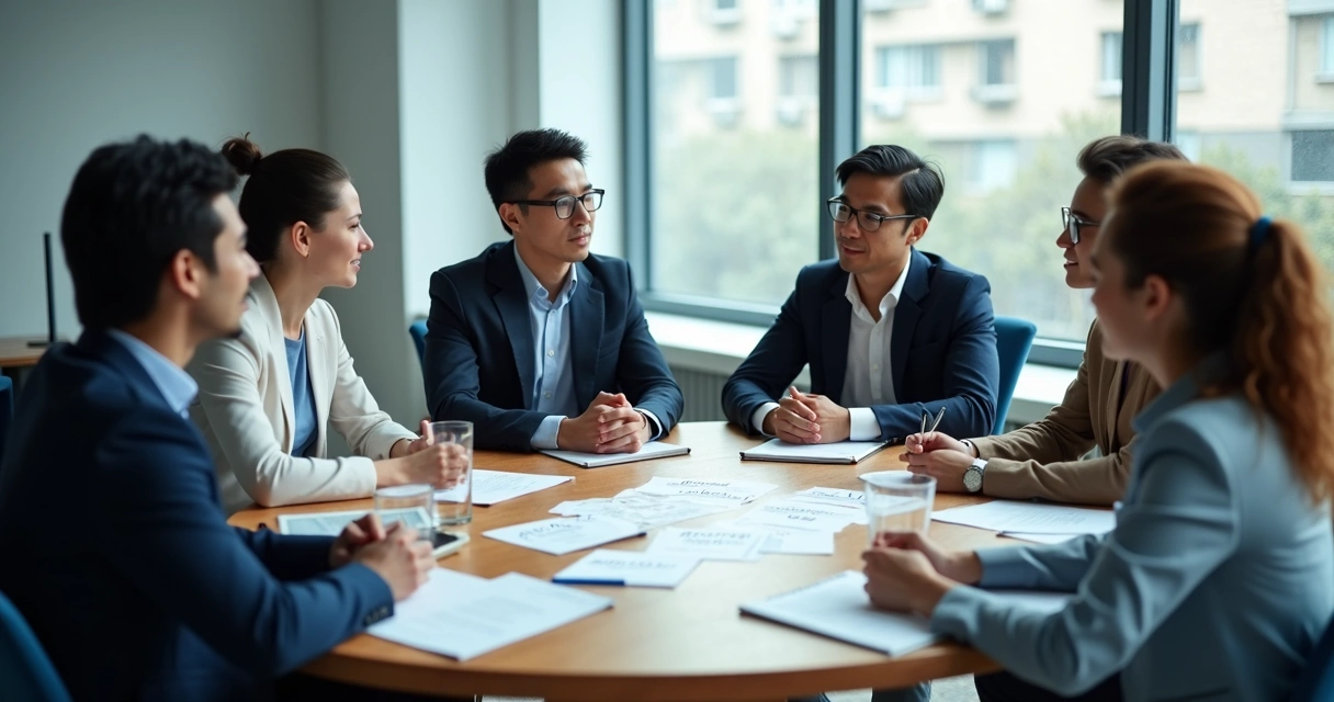 Grupo em reunião intercultural com anotações éticas na mesa