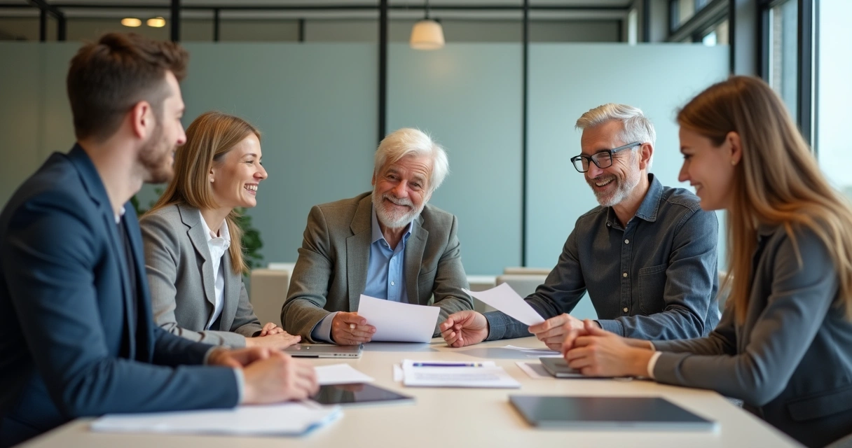 Equipe de diferentes gerações em reunião no escritório. 