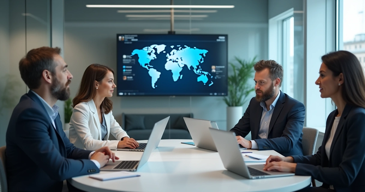 Equipe diversa em reunião global com pessoas de idades diferentes conversando 