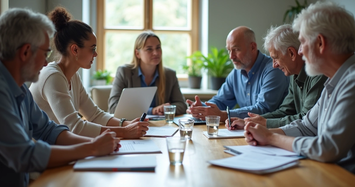 Equipe intergeracional reunida em mesa de trabalho 