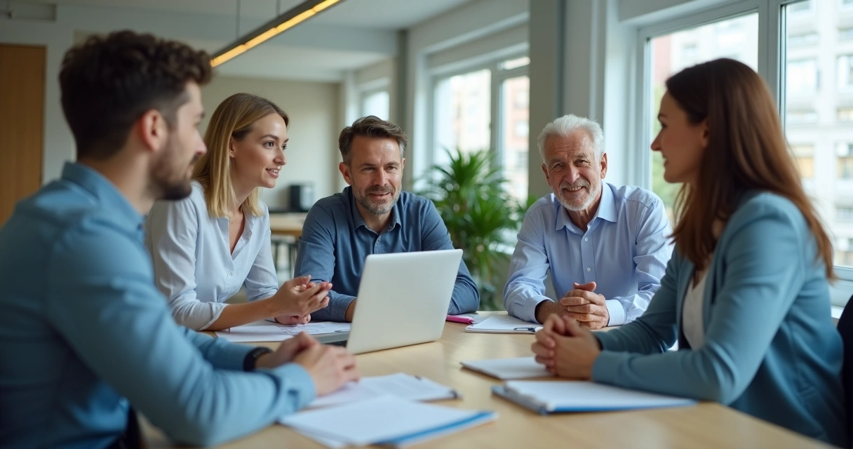 Equipe de idades diferentes em reunião colaborativa