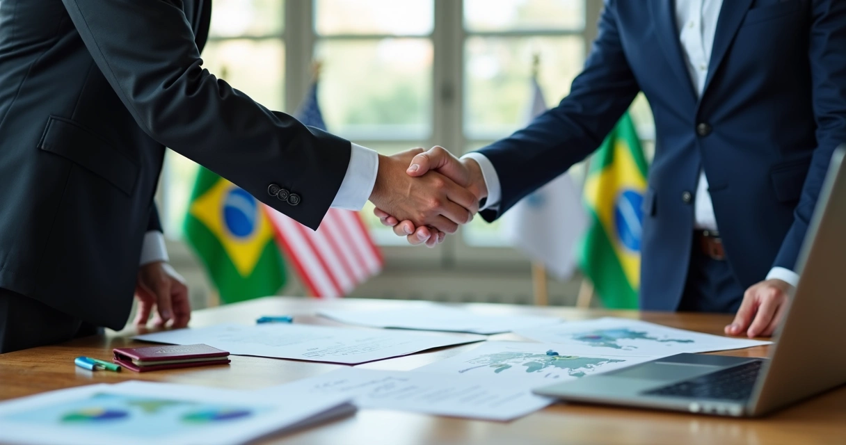 Duas pessoas apertando as mãos em reunião com contratos sobre a mesa e bandeiras do Brasil e EUA ao fundo 