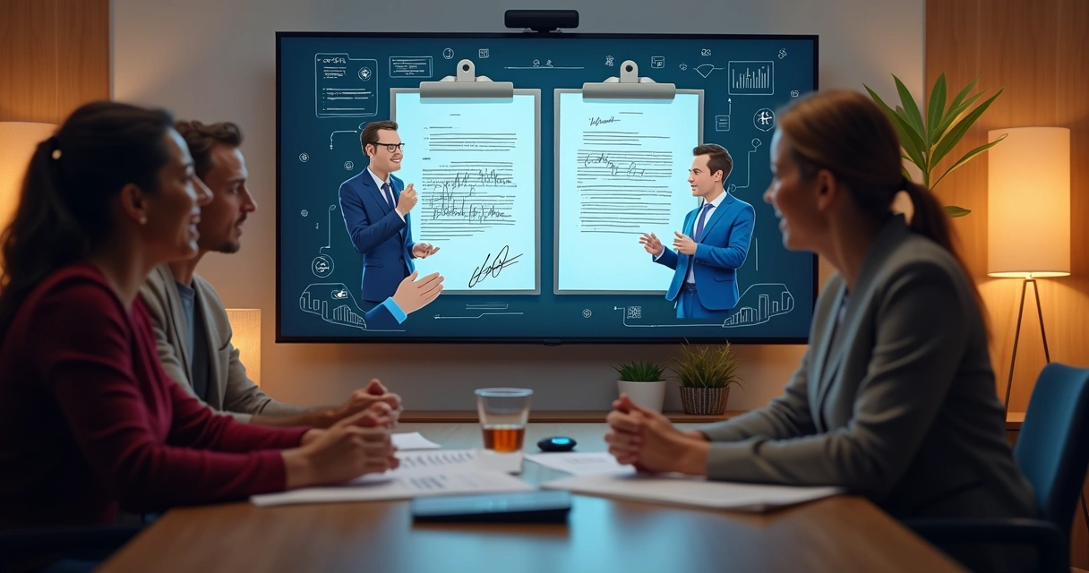 Cuidados práticos na regulamentação de contratos digitais nos EUA 2 Duas pessoas em reunião online, tela dividida mostrando documento digital e vídeo das partes