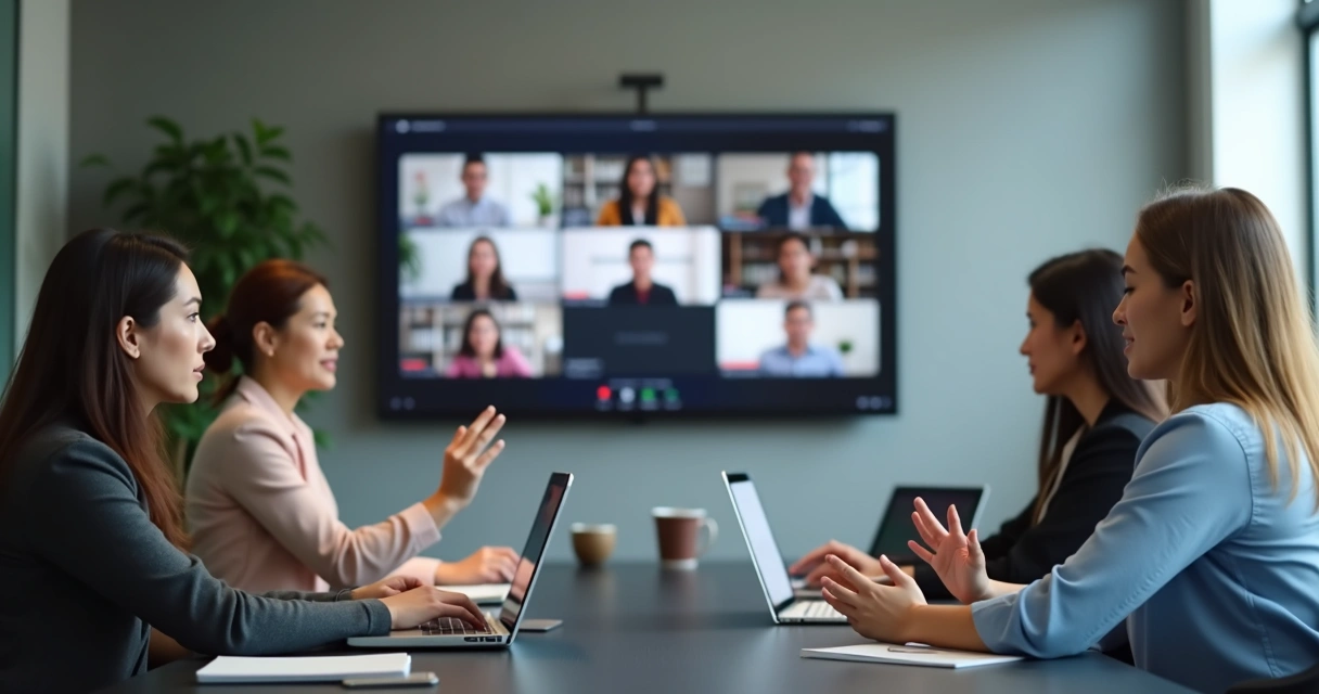 Pessoa levantando a mão em reunião virtual internacional, com expressão neutra