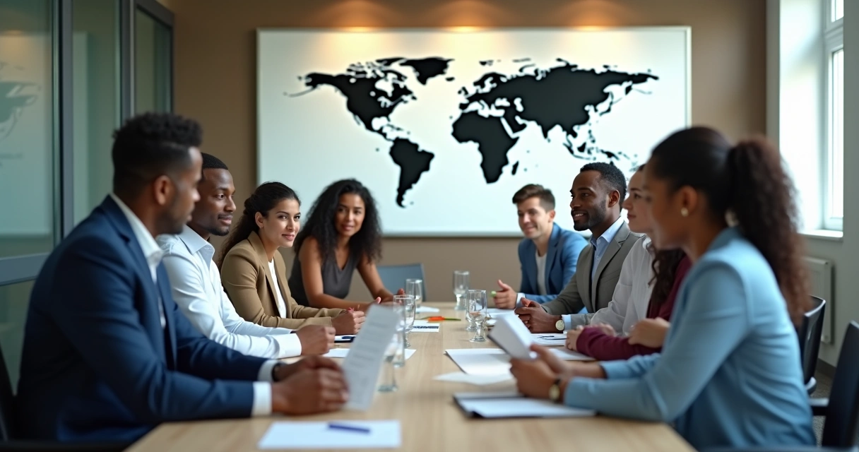 Reunião em escritório com sócios estrangeiros e brasileiros ao redor da mesa