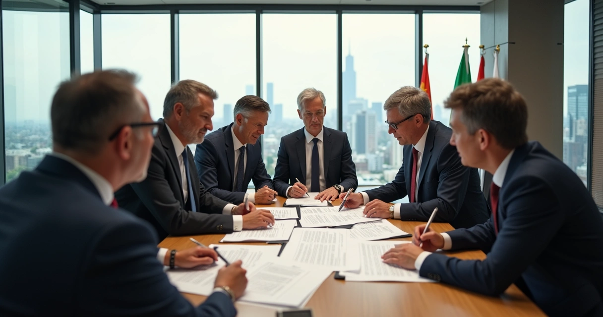 Reunião de equipe multinacional com líderes discutindo código de ética 