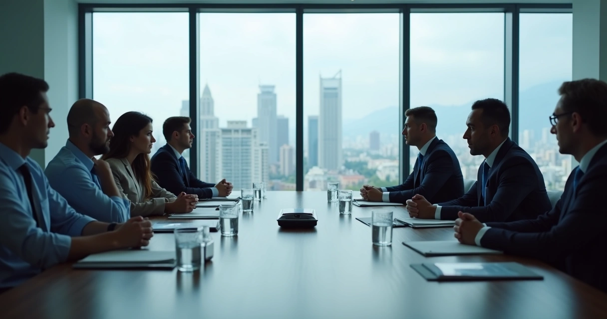Mesa de reunião com tensão entre equipes internacionais