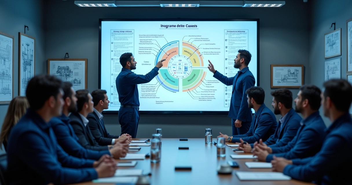 Equipe de manutenção industrial analisando gráfico de Pareto em sala de reuniões 