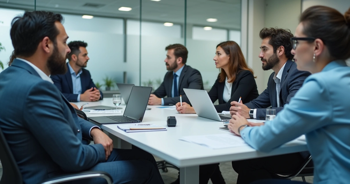 Reunião corporativa com uma pessoa sendo ignorada enquanto outras falam 
