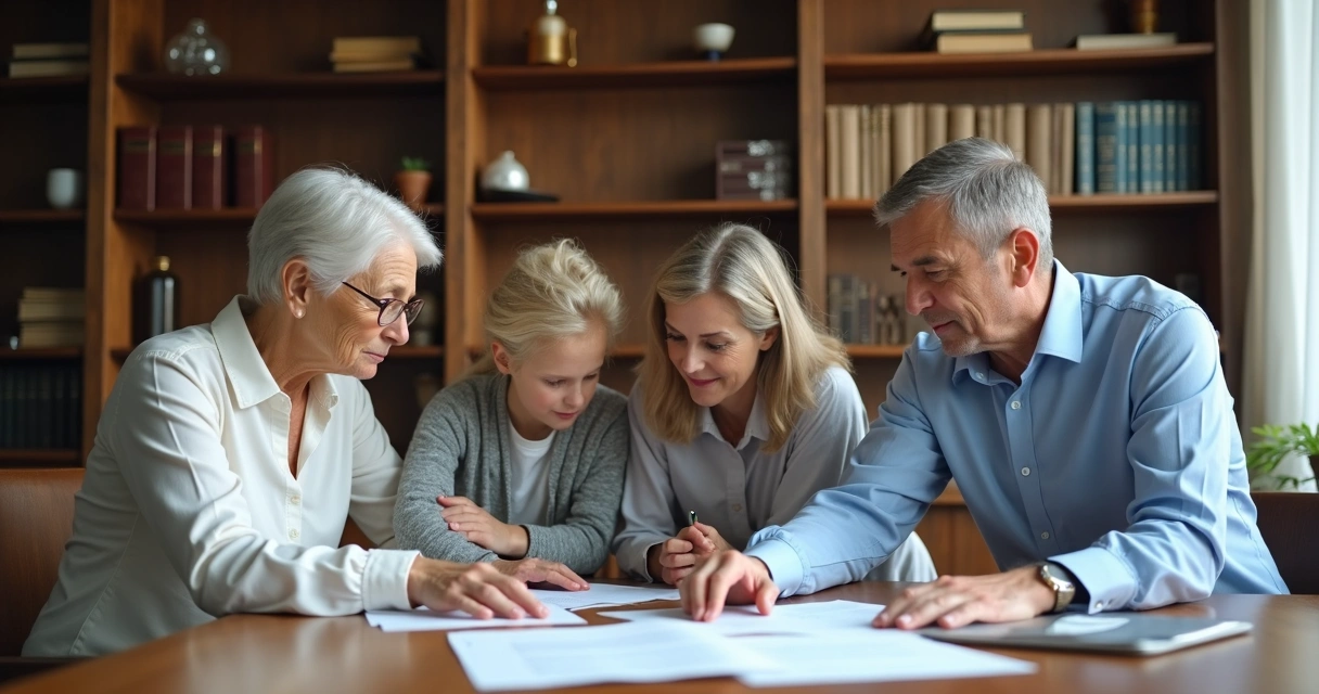 Família reunida em uma mesa de cartório analisando documentos do inventário 