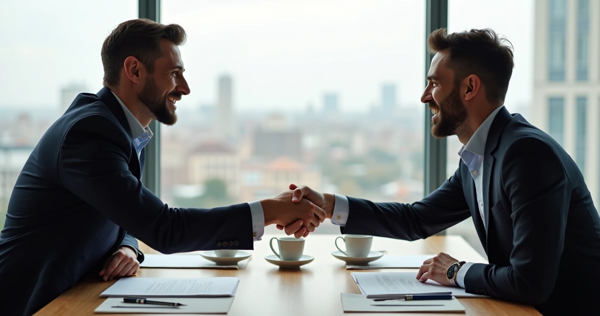 Mesa de reunião com dono de empresa e investidor apertando as mãos
