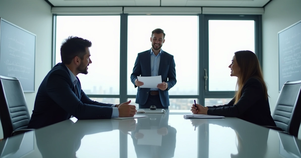 Executivo apresentando para duas pessoas, uma aparentando ser investidor e outra cliente, cenário de sala de reuniões clara e moderna