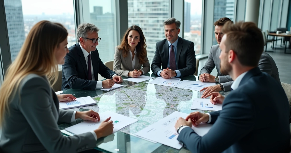 Investidores imobiliários reunidos discutindo documentos e gráficos 