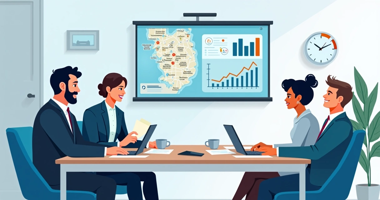 Meeting between trilingual realtor and international investors with maps and charts 