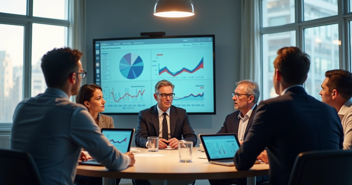 Reunião de empresários e investidores em mesa redonda, gráficos de vendas projetados na parede 