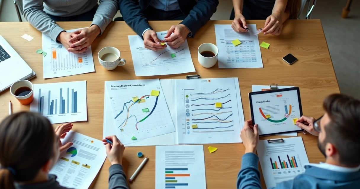 Mesa de reunião com papéis e gráficos sobre captação de startup 