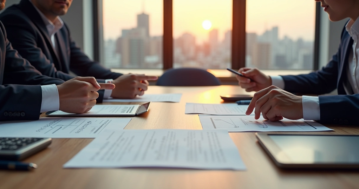 Equipe de startup e investidores analisando contratos em mesa de reunião moderna 