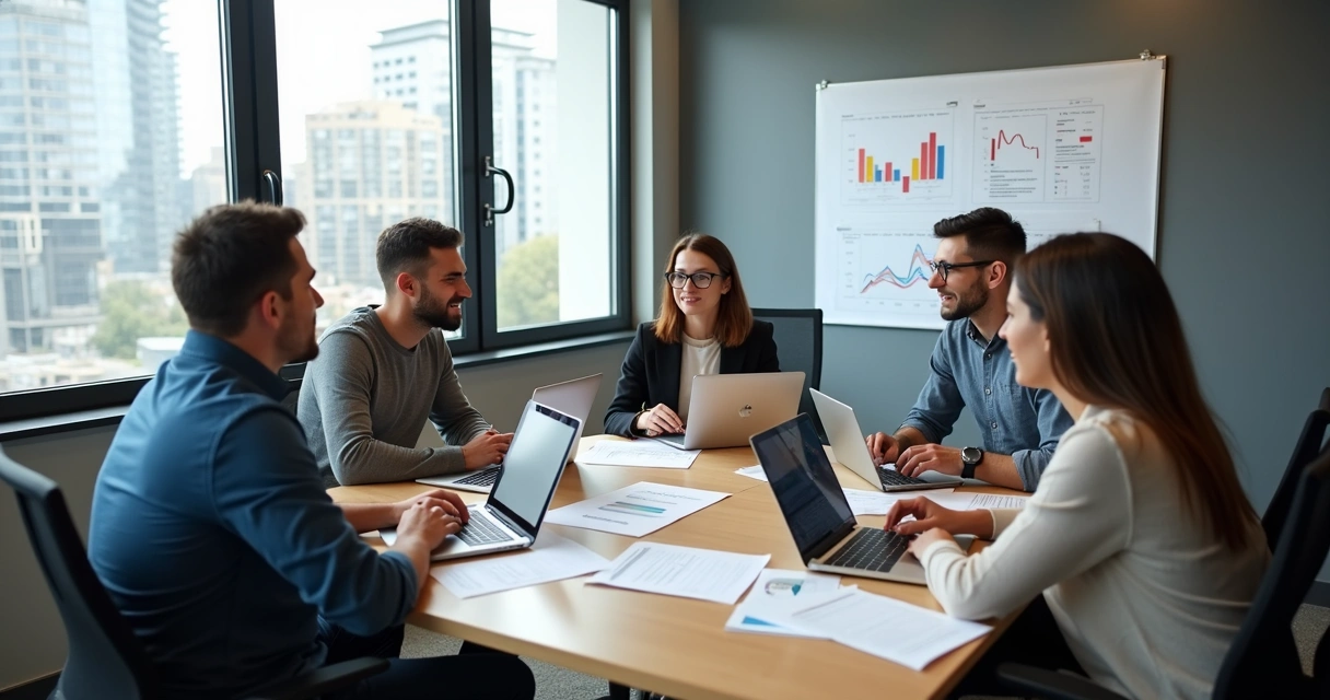 Empresários jovens conversando em reunião de investidores de startups