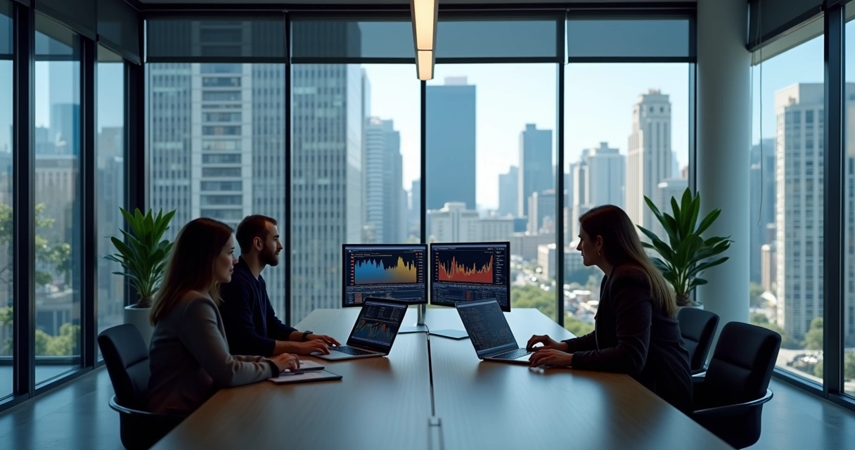 Reunião de investidores analisando plataformas digitais em sala moderna 