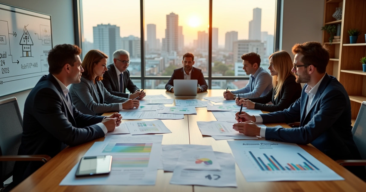 Reunião de equipe imobiliária analisando gráficos sobre IVA em aluguel de imóveis comerciais e residenciais 