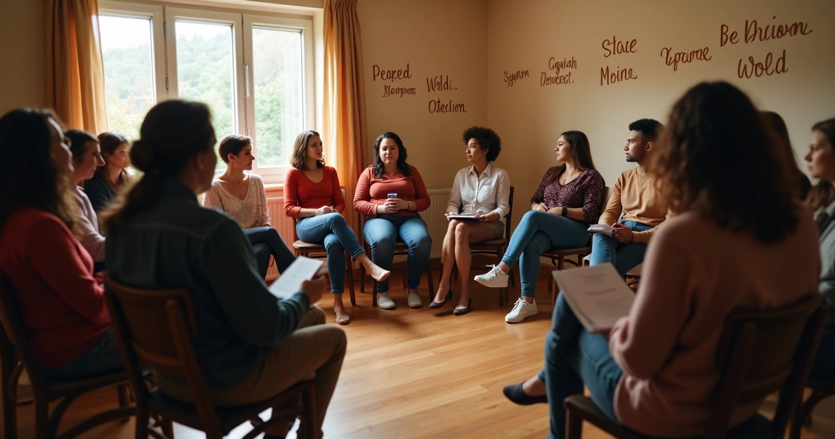 Pessoas sentadas em círculo em reunião de apoio, ambiente aconchegante
