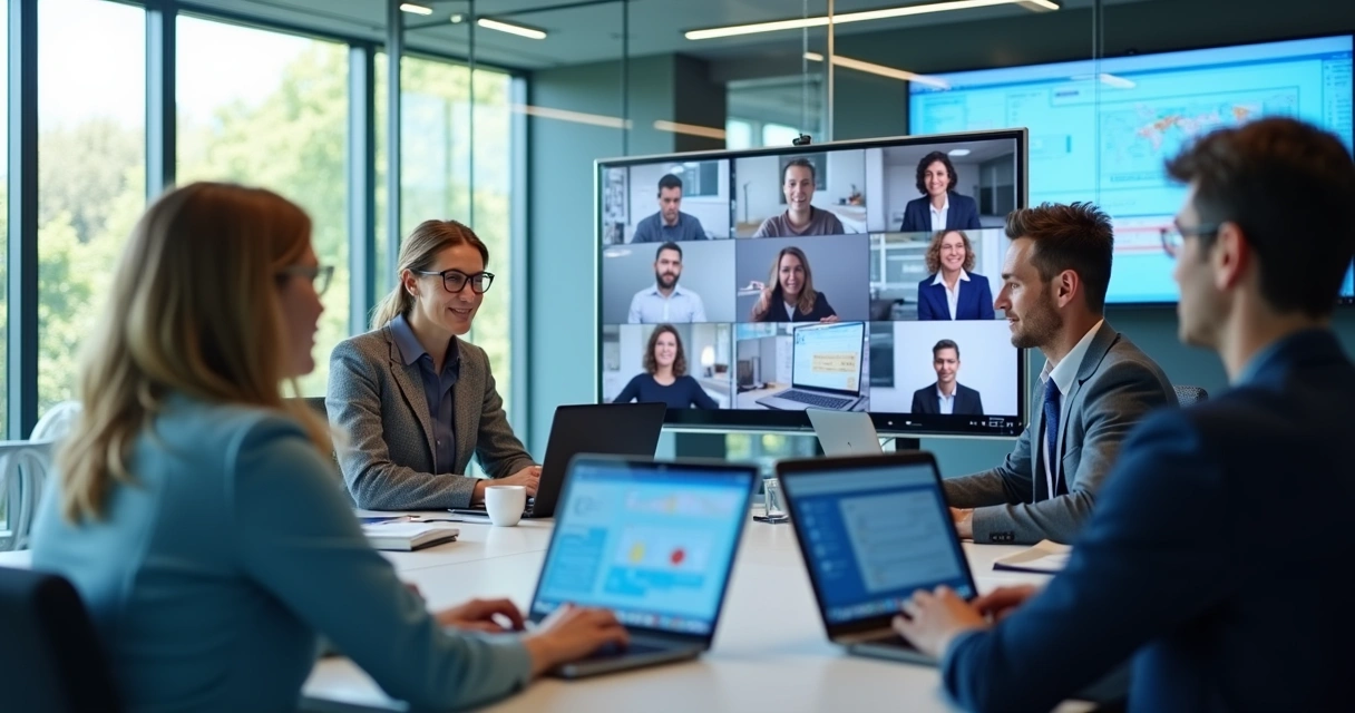 Grupo em reunião híbrida, parte no escritório e parte em videoconferência 