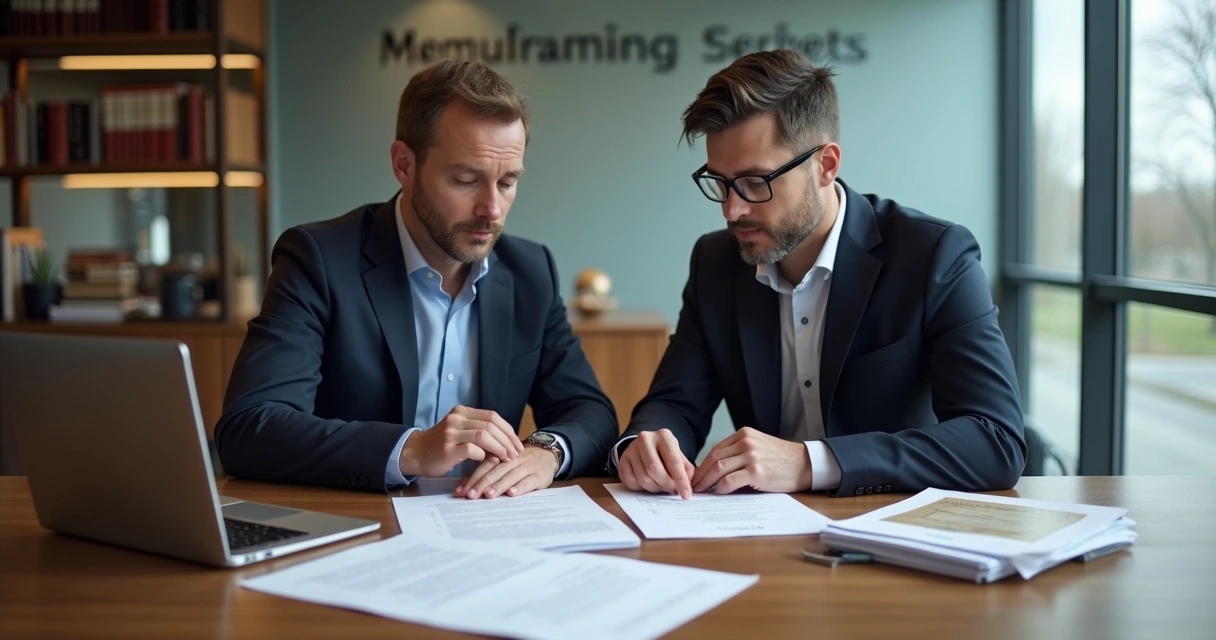 Advogados revisando contrato de M&A em escritório moderno 