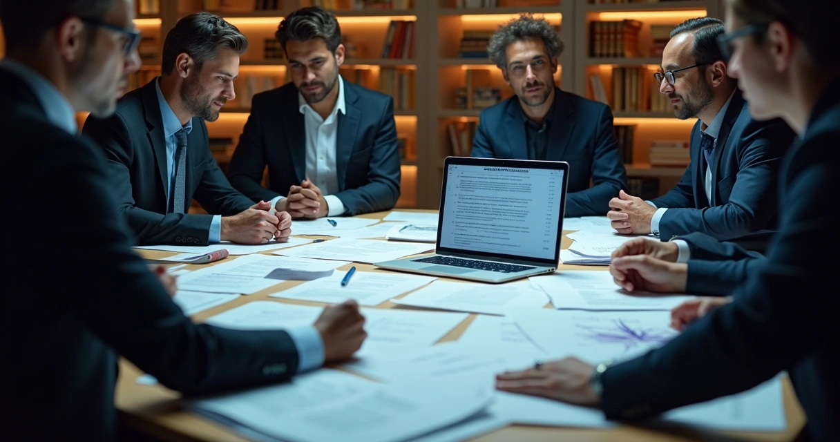 Equipe jurídica reunida analisando pilha de contratos em uma mesa 