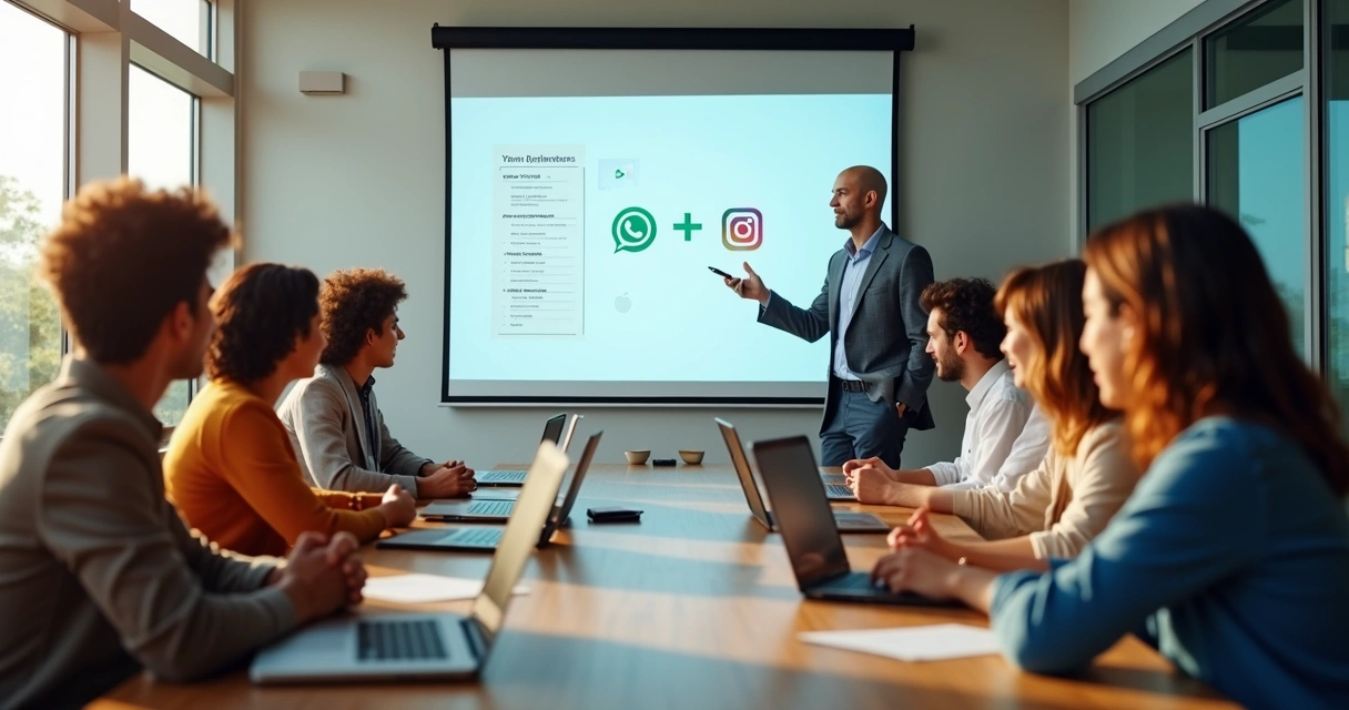 Equipe de projeto participando de reunião com apresentações, quadro branco e laptops 