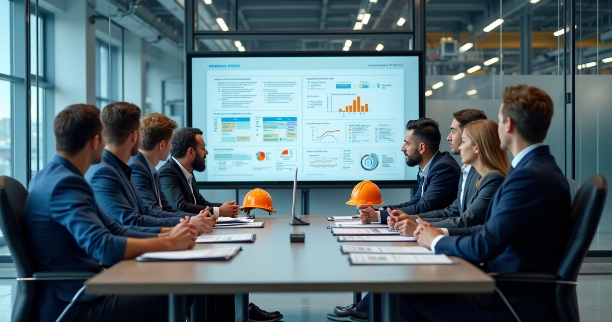 Equipe em reunião de kickoff com painel de indicadores industriais 