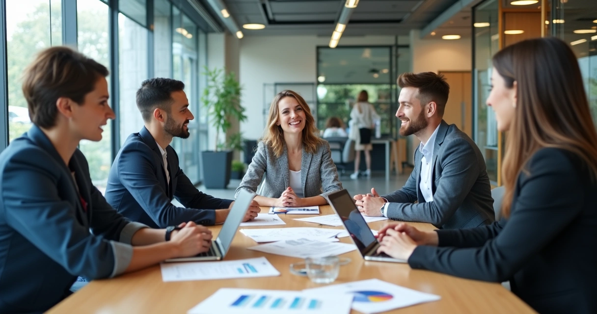 Equipe de BPO financeiro conduzindo reunião de boas-vindas com cliente em sala moderna com notebook e papéis.