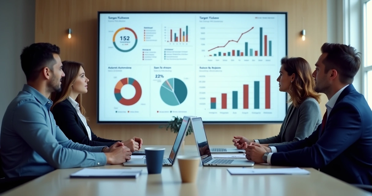 Equipe comercial analisando KPIs de vendas em reunião 