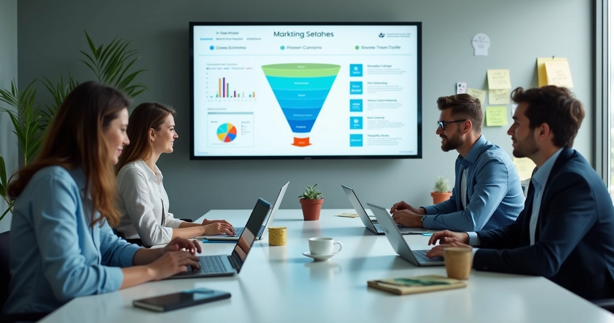 Equipe analisando leads e dados em reunião 