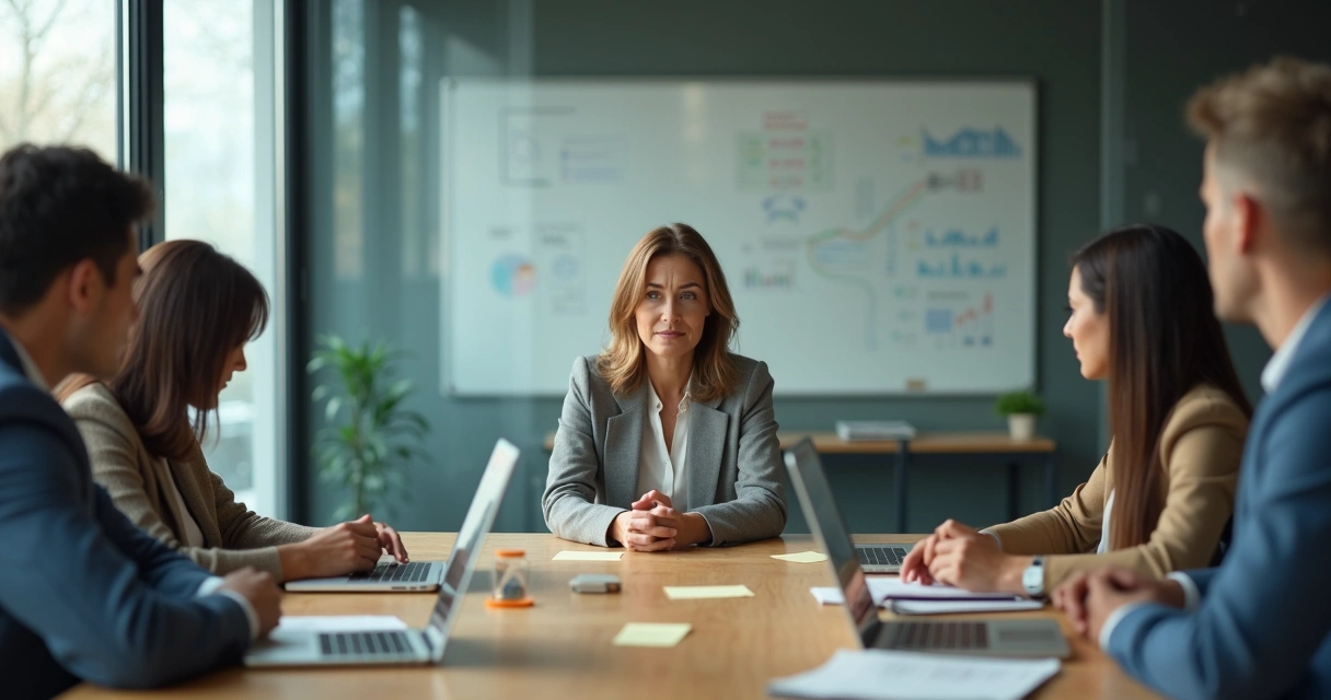 Equipe em reunião observando linguagem corporal e clima emocional na sala 