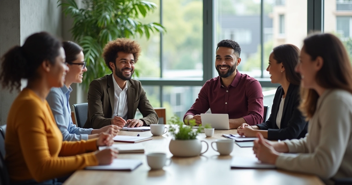 Equipe diversa sorrindo em reunião colaborativa 