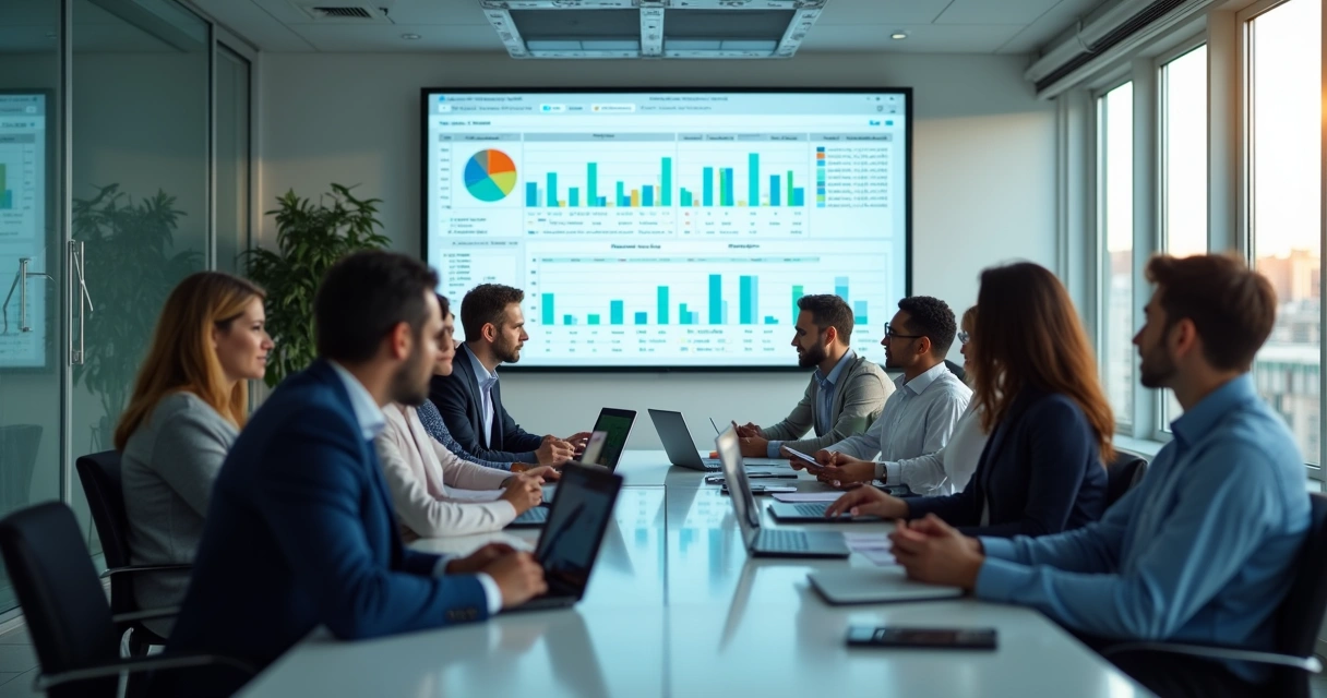 Equipe comercial de telecomunicações analisando uma planilha de oportunidades em uma reunião 