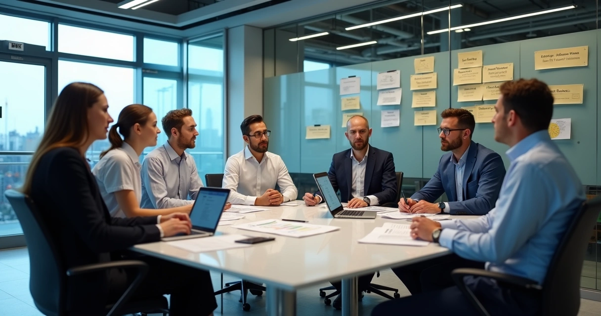 Equipe revisando lições aprendidas em sala de projeto 