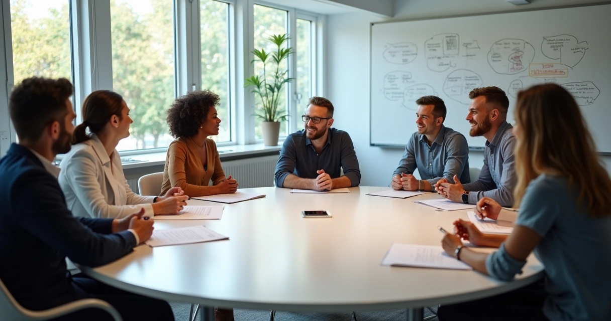 Reunião entre líder e equipe com clima colaborativo 