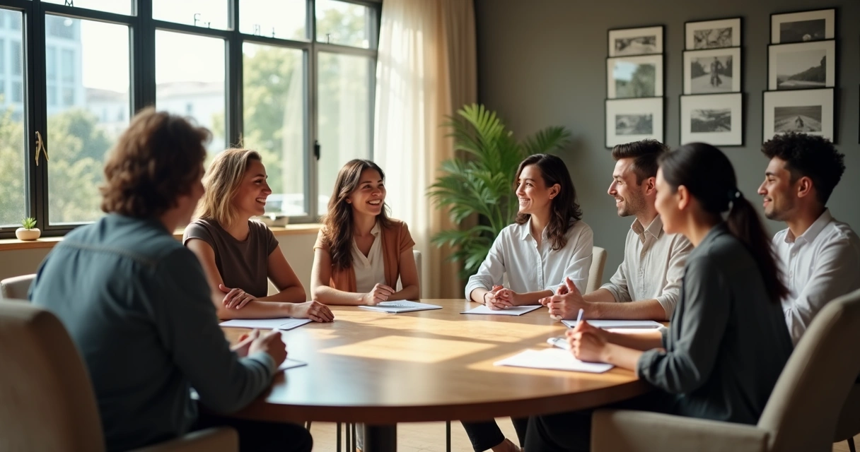 Reunião de equipe com líder consciente conversando atentamente com colaboradores.