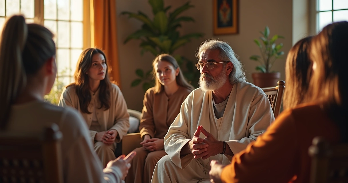 Reunião de líderes espirituais e membros conversando em círculo